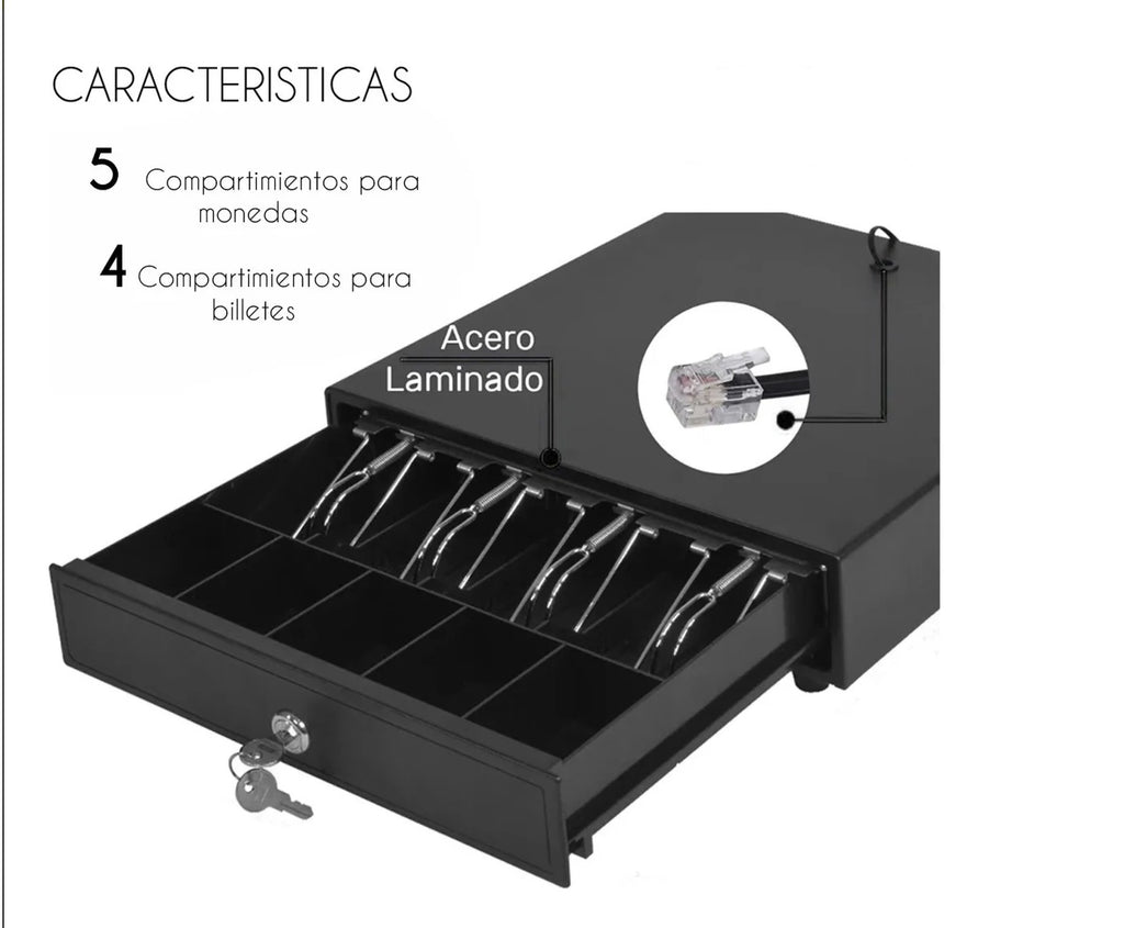 Cajon de dinero 4 Divisiones Billetes y 5 Monedas Negro POS Nuevo