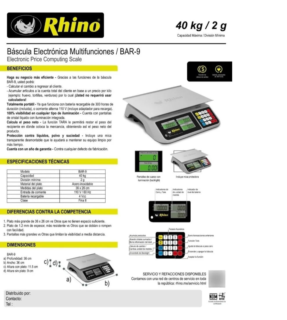 Báscula Digital 40kg Rhino Bar8 Rs Compatible con punto de venta